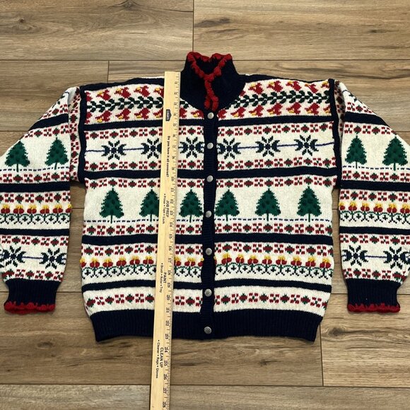 Christmas Cardigan Sweater SZ Large Fair Isle Holiday Trees 100% Wool Collared - Picture 4 of 13